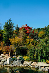 Beautiful Japanese garden with a pond and red Tahoto Pagoda. Japanese garden in the public park of the city of Krasnodar, Russia.