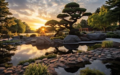 Fotobehang Tranquil and Zen garden with meticulously raked gravel, bonsai trees, and a serene pond reflecting the colors of a setting sun. Generative AI © piai