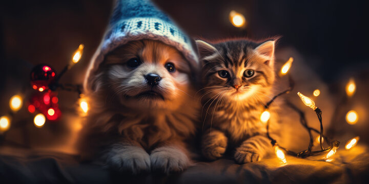Cat and Dog in Santa hat and Christmas Tree and Christmas Lights. Pets and Christmas photo for postcard