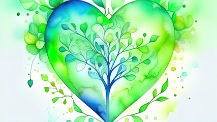 Watercolor illustration of a heart with leaves