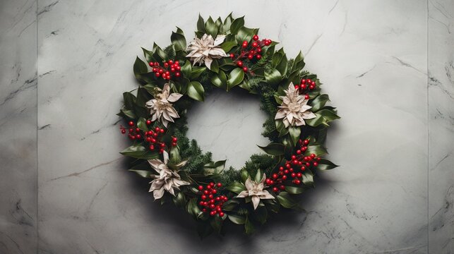 a christmas wreath with poinsettis and holly on a marble surface.  generative ai