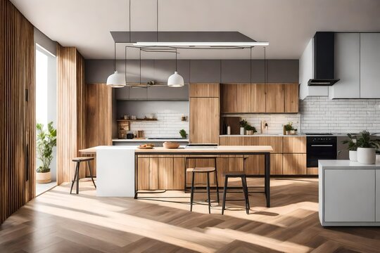 Home mockup, warm modern kitchen interior background