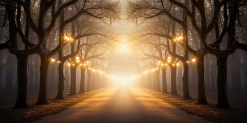 lights hanging on a row of trees. Road, driveway, path, boulevard, byway, route, track, trail, street, row of trees.