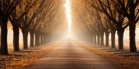 foggy early morning. fall season. Road, driveway, path, boulevard, byway, route, track, trail, street, row of trees. - obrazy, fototapety, plakaty