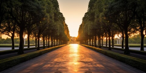 memorial sunset. sunrise. Road, driveway, path, boulevard, byway, route, track, trail, street, row of trees. - obrazy, fototapety, plakaty