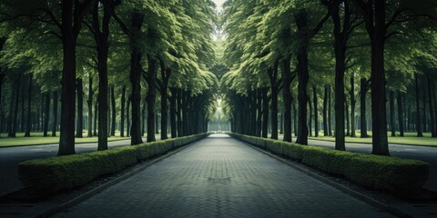 brick way with green trees. chilling weather. Road, driveway, path, boulevard, byway, route, track, trail, street, row of trees. - obrazy, fototapety, plakaty