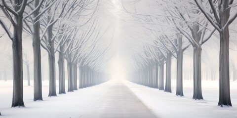 rural winter. Road, driveway, path, boulevard, byway, route, track, trail, street, row of trees. - obrazy, fototapety, plakaty