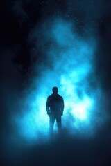 male figure in blue fog. smoke, ashes, flames, back light, silhouette, fantasy, surreal, dream, fog, mist, mysterious.
