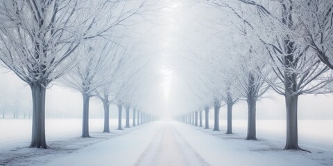 winter snowing rural. Road, driveway, path, boulevard, byway, route, track, trail, street, row of trees. - obrazy, fototapety, plakaty
