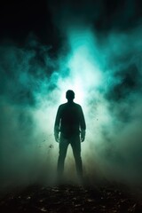 male figure in teal green fog. smoke, ashes, flames, back light, silhouette, fantasy, surreal, dream, fog, mist, mysterious.