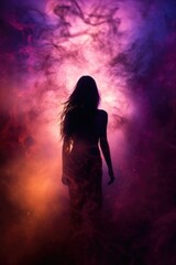 female walking with long hair. smoke, ashes, flames, back light, silhouette, fantasy, surreal, dream, fog, mist, mysterious.