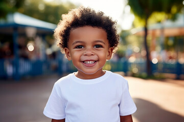 Little African black boy with curly afro hair, wearing a white polo shirt with a playground behind.