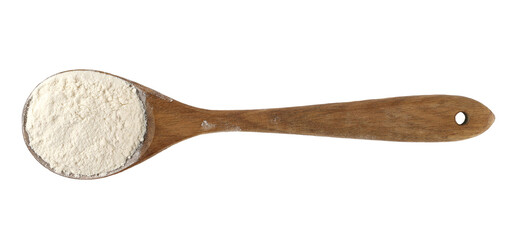 Wheat flour in wooden spoon isolated on white, top view with clipping path