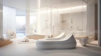 A lavish, minimalist spa bathroom with a dominant white palette, equipped with a sauna, steam shower, and a relaxation area, evoking a sense of luxury and rejuvenation
