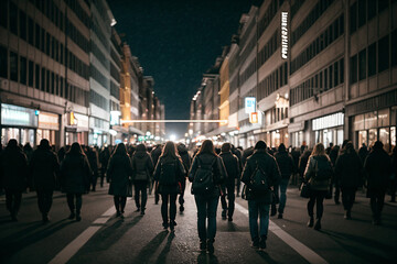 Crowd of people walking in the city, blurred background