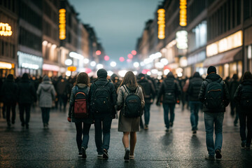 Crowd of people walking in the city, blurred background