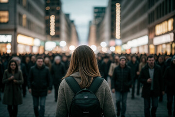 Crowd of people walking in the city, blurred background and woman with her back turned and a backpack