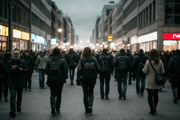 Crowd of people walking in the city, blurred background