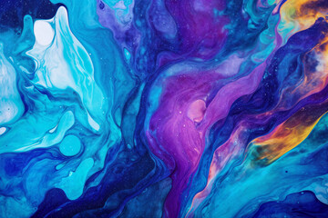 Abstract liquid painting with blue, yellow, and orange colors