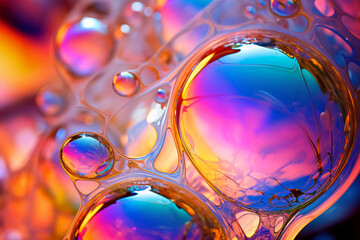 Abstract background close up of colorful oil liquid and rainbow colors bubbles floating on a surface
