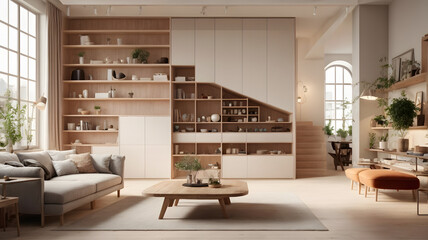 Fototapeta na wymiar A Scandinavian-themed interior design featuring a comfortable sofa and soft theme - Generative AI