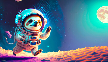 Cute sloth astronaut running, exploring an discovering on  moon  with vivid digital art, AI generative.