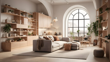 A Scandinavian-themed interior design featuring a comfortable sofa and soft theme - Generative AI