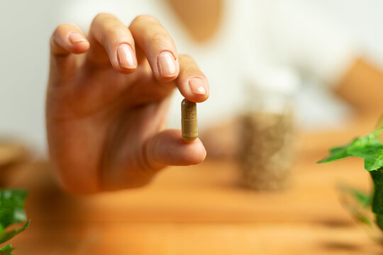 Capsule held in hand, dietary supplement of plant origin, ashwagandha, natural laboratory