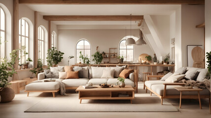 A Scandinavian-themed interior design featuring a comfortable sofa and soft theme - Generative AI