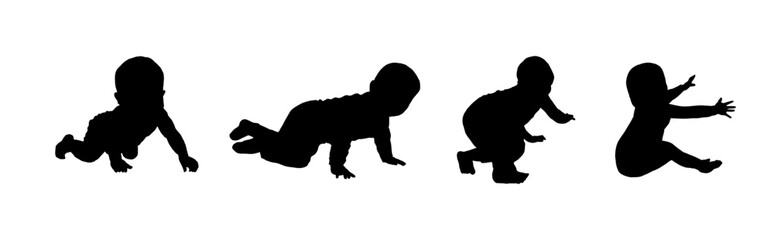 set of silhouettes of a crawling baby - obrazy, fototapety, plakaty