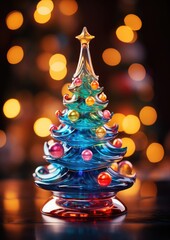 Multi-colored Christmas tree made of colored glass on a dark background with bokeh. Fashionable decoration for New Year and Christmas