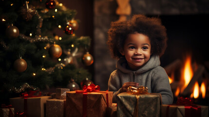 Fototapeta na wymiar A black african american boy toddler child smiling next to christmas gifts presents, christmas tree, fireplace with wood burning, evening shot, winter, december, happy holidays