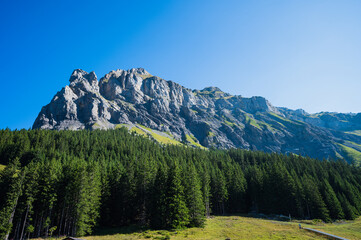 Oeschinensee, Switzerland - July 27, 2022 - View from Oeschinensee, Switzerland in the town of Kandersteg.
