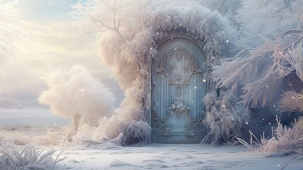The view through an open door reveals a serene winter landscape with fresh snow and soft morning light