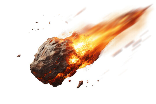 A brilliant flaming meteor with glowing molten tail streaking across the night sky, isolated on a transparent background for easy  onto astronomy photography