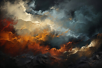 Pintura o textura oscura y abstracta de nubes humo y fuego, imagen uhd con colores gris oscuro y naranja, fondo de pantalla, pinceladas - obrazy, fototapety, plakaty