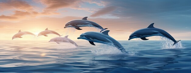 Dolphins leap joyfully from the azure waters, framed by a backdrop of a clear blue sky and cotton candy clouds.