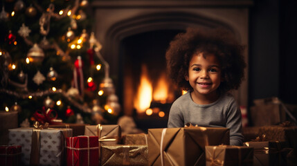 A cute black african american boy toddler child with afro smiling next to christmas gifts presents, christmas tree, fireplace with wood burning, evening shot, winter, december, happy holidays, xmas - obrazy, fototapety, plakaty