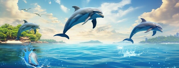 Dolphins leap joyfully from the azure waters, framed by a backdrop of a clear blue sky and cotton candy clouds. - obrazy, fototapety, plakaty