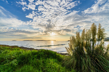 Sunset over Ons Island in the province of Pontevedra, Galicia, Spain.