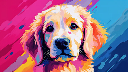 Adorable golden retriever puppy in pop art style painting, pastel colors, minimal. Digital illustration generative AI.