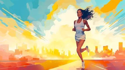 Poster Cool looking woman running in the morning in pop art style painting, copy space for text, blank space, pastel colors, minimal. Digital illustration generative AI. © Tepsarit