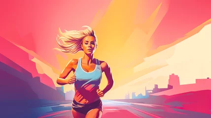 Foto op Aluminium Cool looking woman running in the morning in pop art style painting, copy space for text, blank space, pastel colors, minimal. Digital illustration generative AI. © Tepsarit