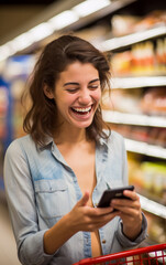 A young woman laugh while looks the cell phone in the supermarket