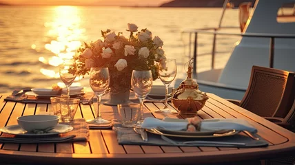 Fotobehang A sumptuous table on a luxurious motor yacht, bathed in the warm hues of a sunset, awaits a couple for a romantic dinner at sea. © lililia