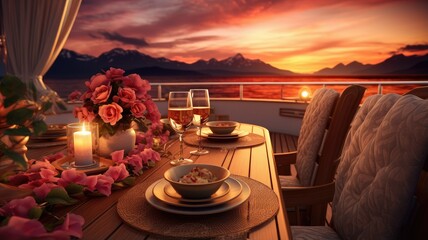 A sumptuous table on a luxurious motor yacht, bathed in the warm hues of a sunset, awaits a couple...