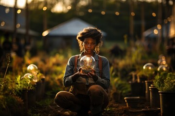 african woman crouching holding a glass sphere with a plant inside, farmer working on her farm - obrazy, fototapety, plakaty