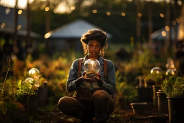Foto op Canvas african woman crouching holding a glass sphere with a plant inside, farmer working on her farm © Dionisio