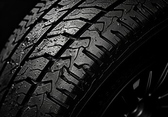 New car tire close up on black background. A close-up of the unique tread pattern. Illustration for banner, poster, cover, brochure, advertising or marketing.