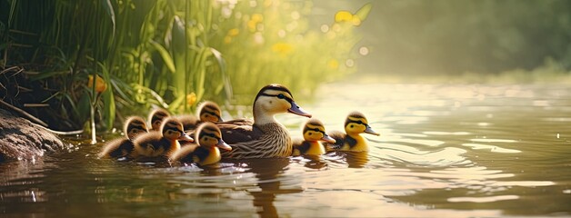A female mallard leads her adorable ducklings along the tranquil riverbank, basking in the warm sun and showcasing the beauty of nature's renewal. - Powered by Adobe